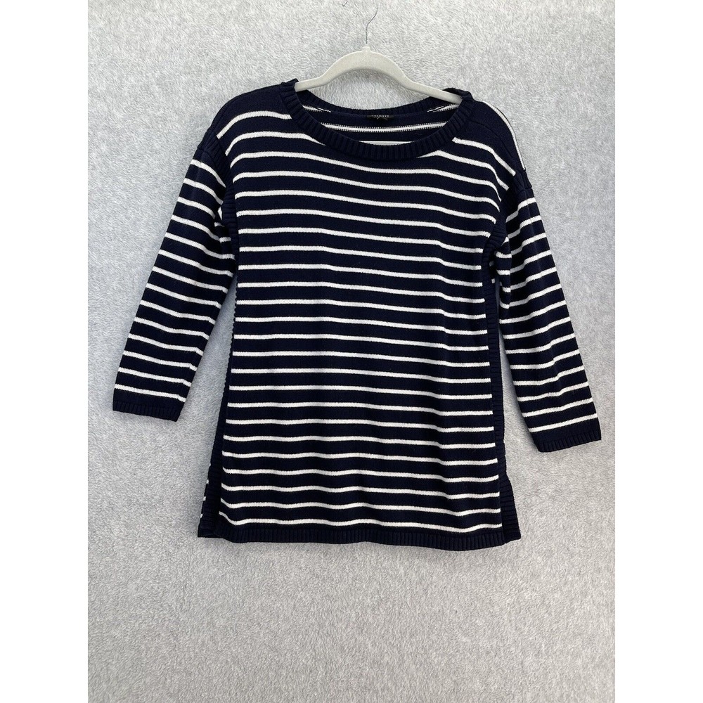 Talbots Women' Sweater 3/4 Sleeve Blue Striped Size Small Round Neck Cotton Blen